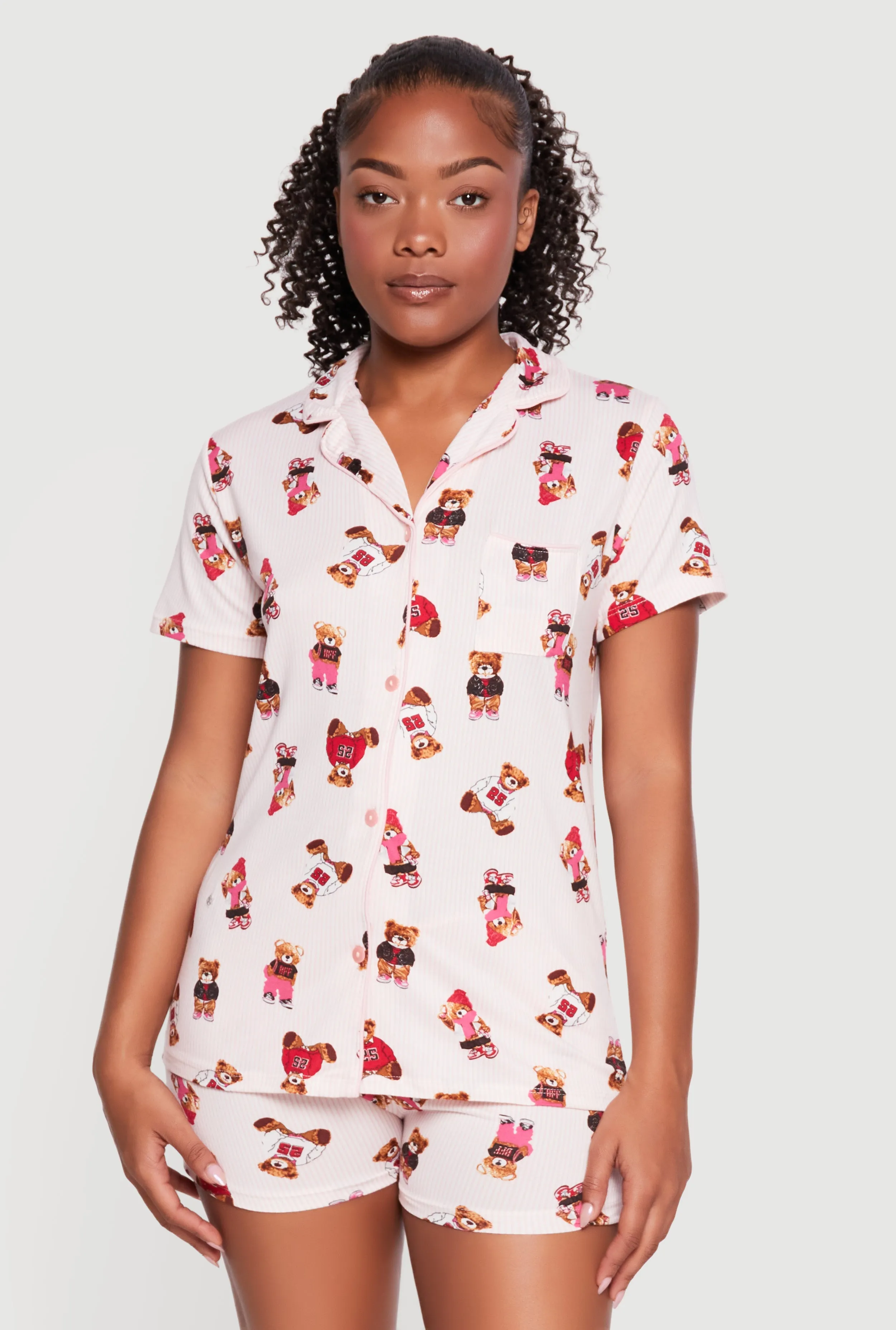 Teddy Bear Striped Print Button Front Pajama Top and Shorts sold by Rainbow