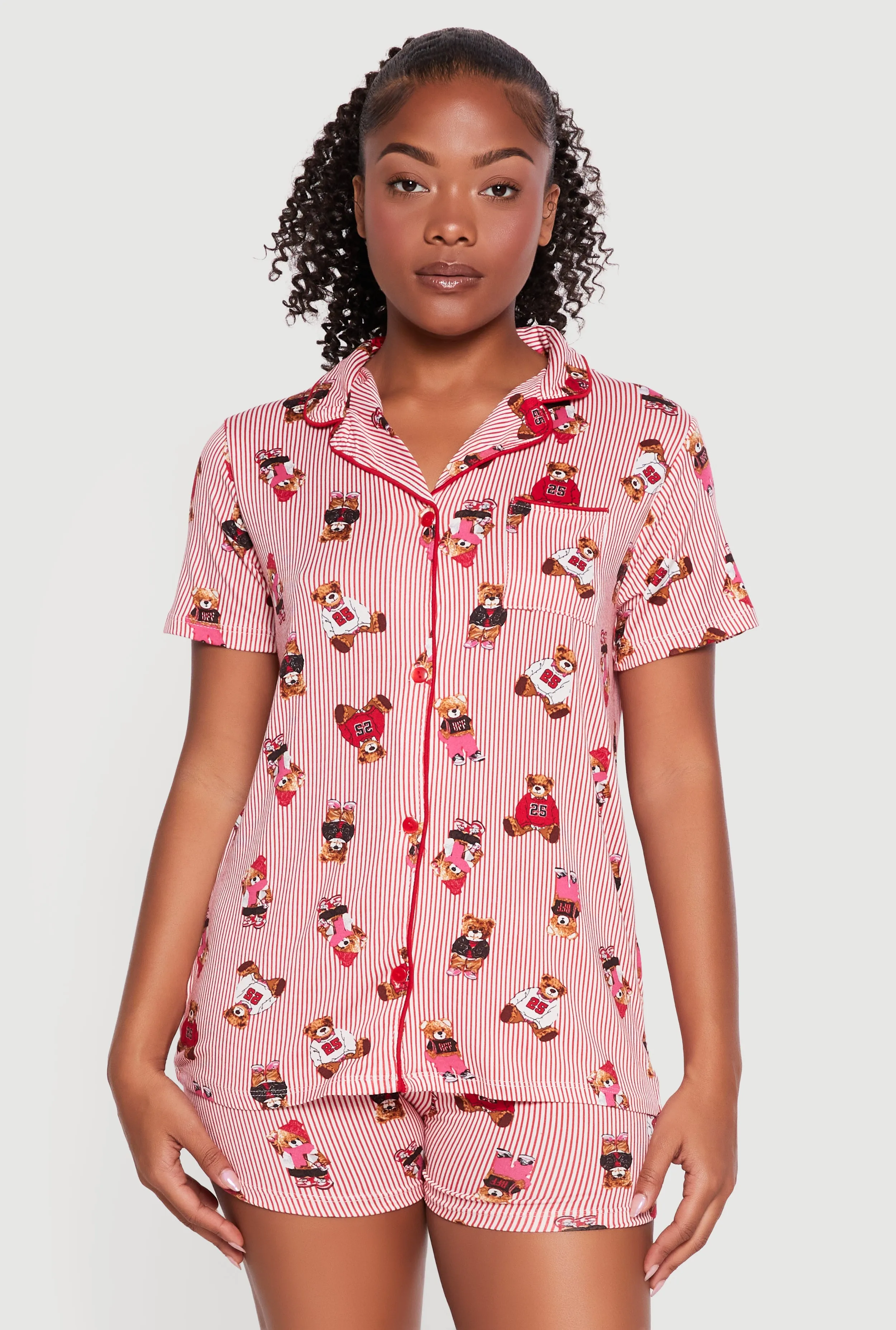 Teddy Bear Striped Print Button Front Pajama Top and Shorts sold by Rainbow product image thumbnail 2