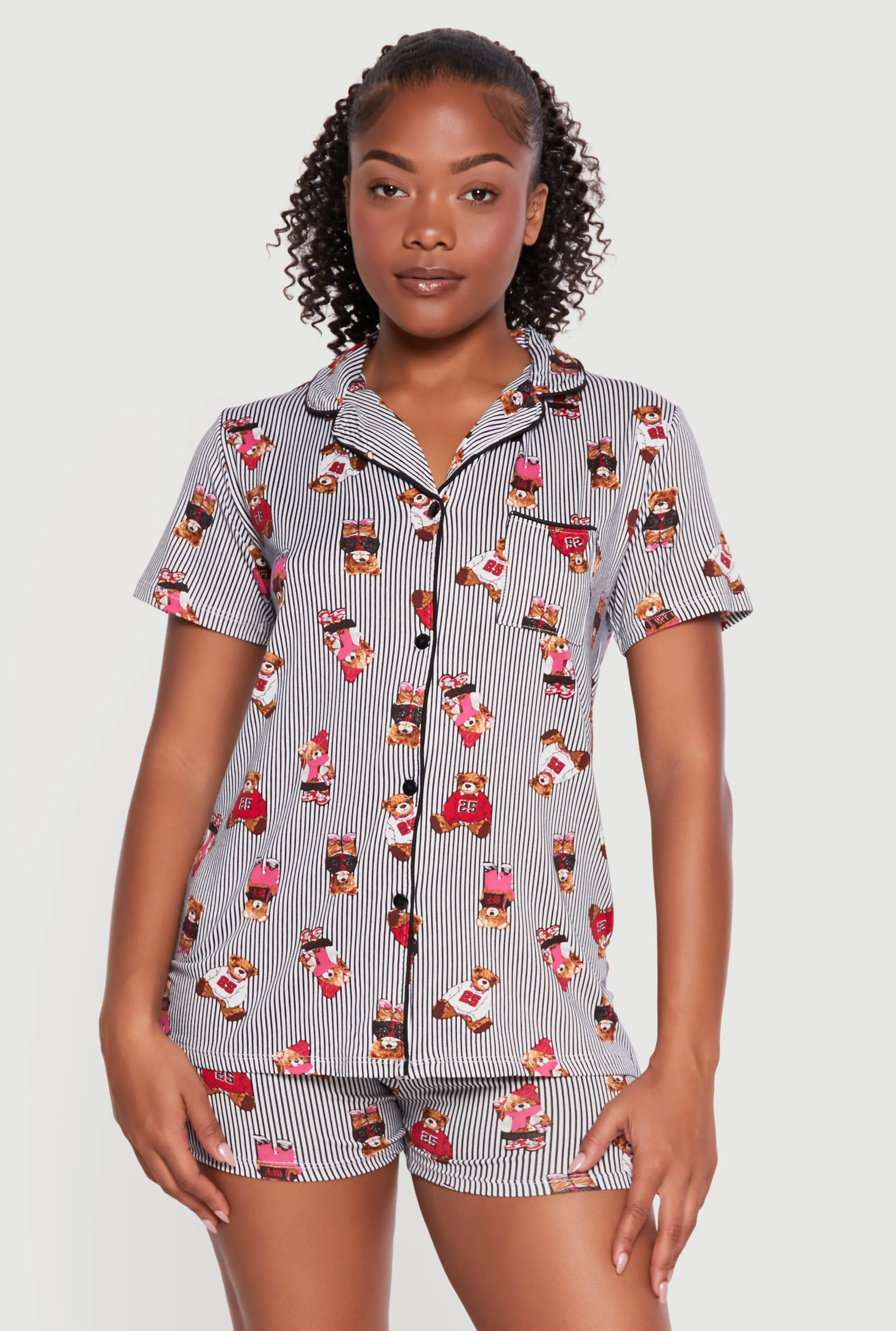 Teddy Bear Striped Print Button Front Pajama Top and Shorts sold by Rainbow product image thumbnail 4