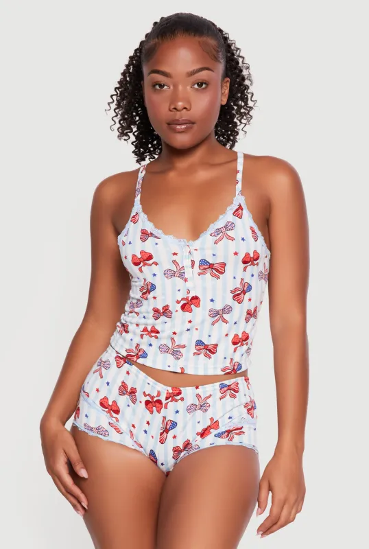 Lace Trim Americana Bow Print Pajama Cami and Boyshorts made by Rainbow