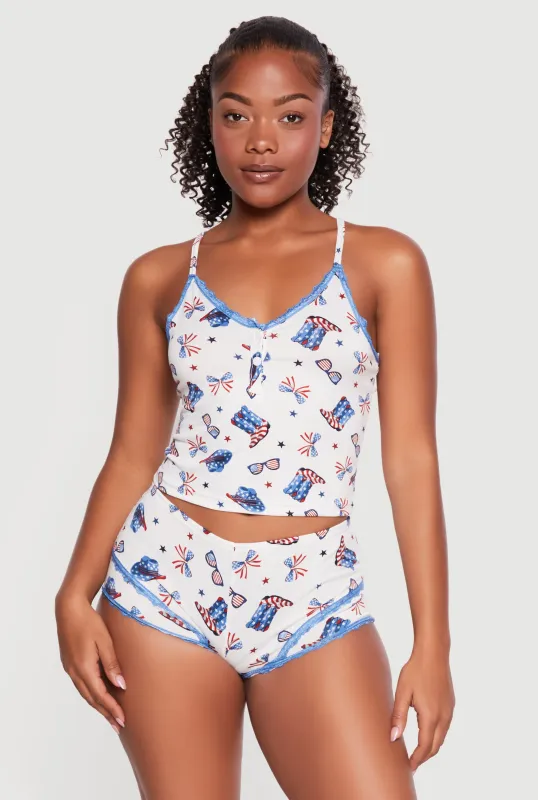Lace Trim Americana Print Pajama Cami and Boyshorts made by Rainbow