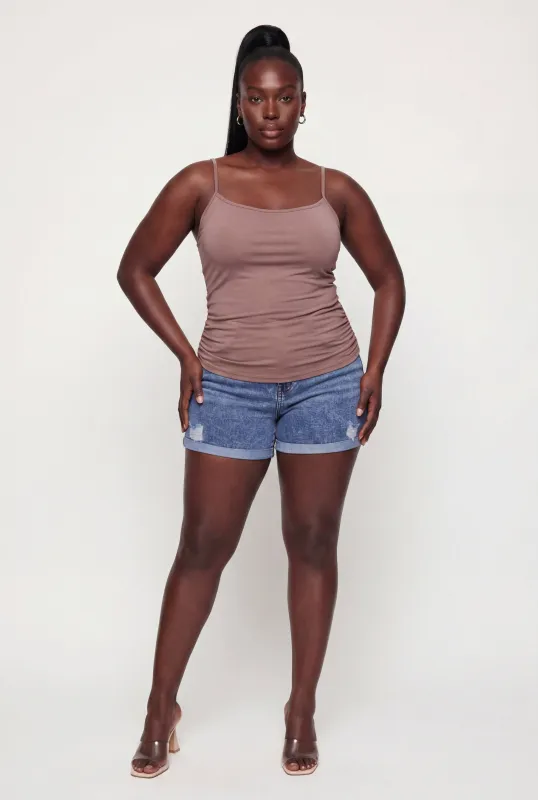 Plus Size Side Ruched Scoop Neck Cami with Shelf Bra made by Rainbow