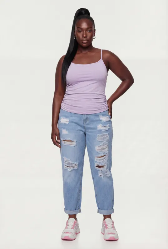 Plus Size Side Ruched Scoop Neck Cami with Shelf Bra made by Rainbow