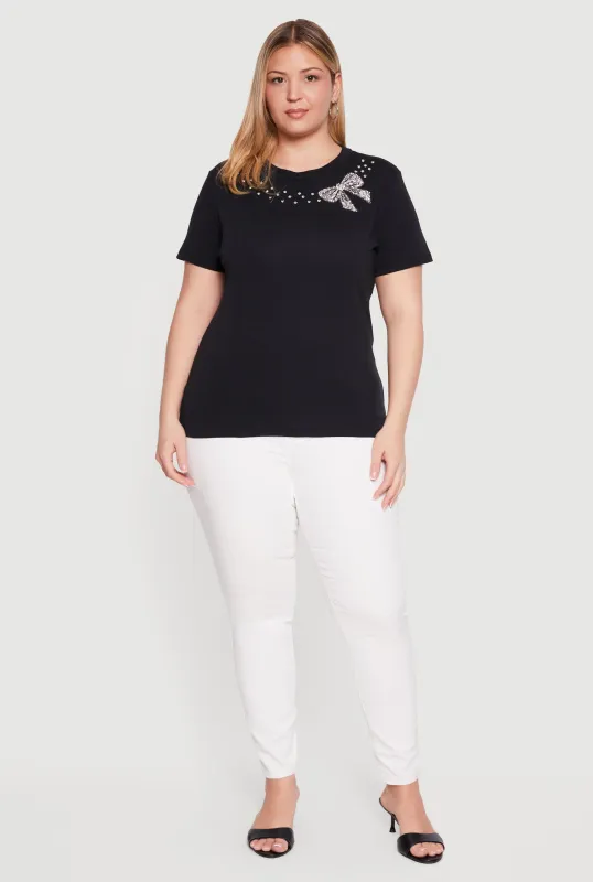 Plus Size Rhinestone Bow Graphic Tee made by Rainbow