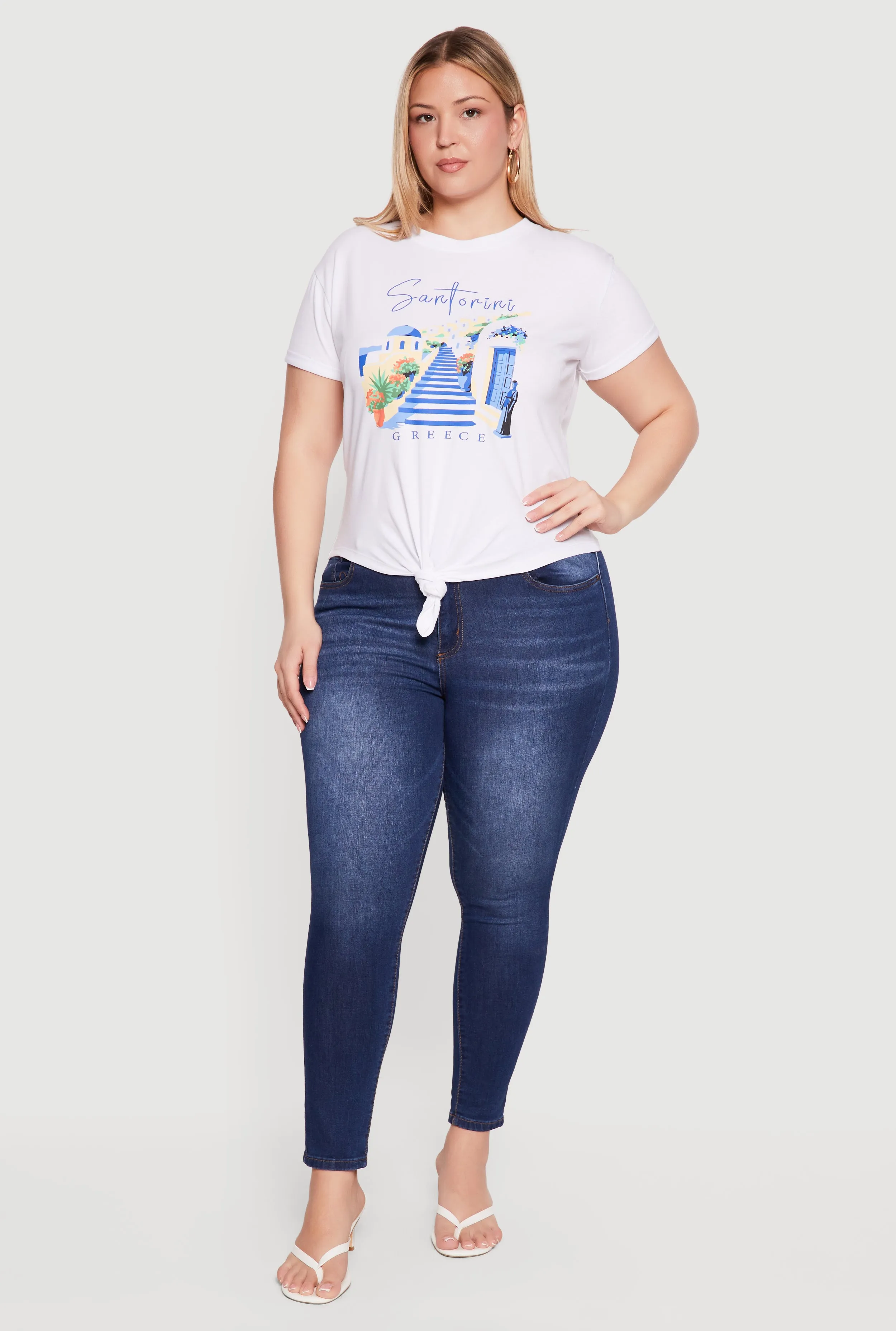 Plus Size Santorini Greece Knot Front Graphic Tee sold by Rainbow