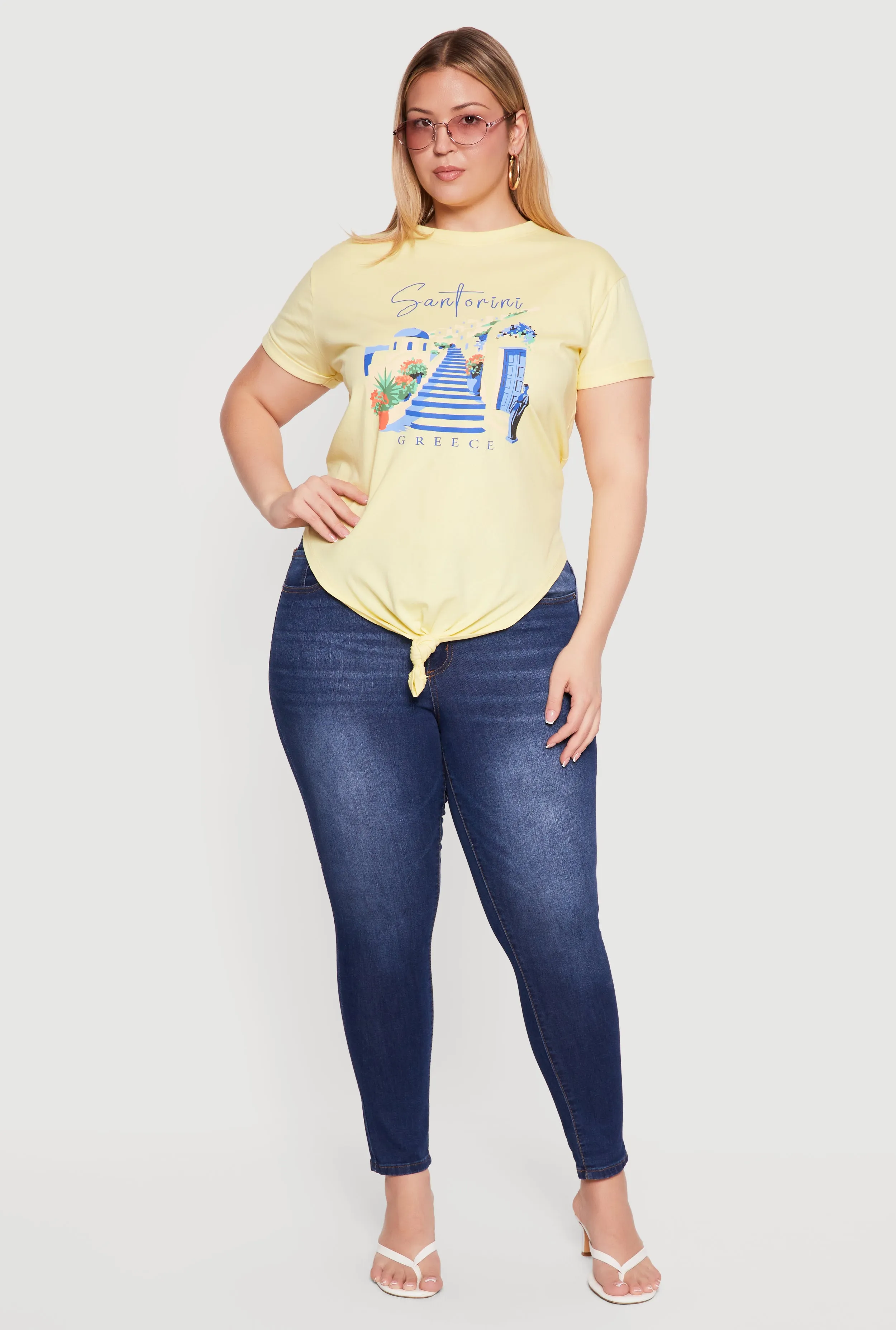 Plus Size Santorini Greece Knot Front Graphic Tee sold by Rainbow product image thumbnail 2