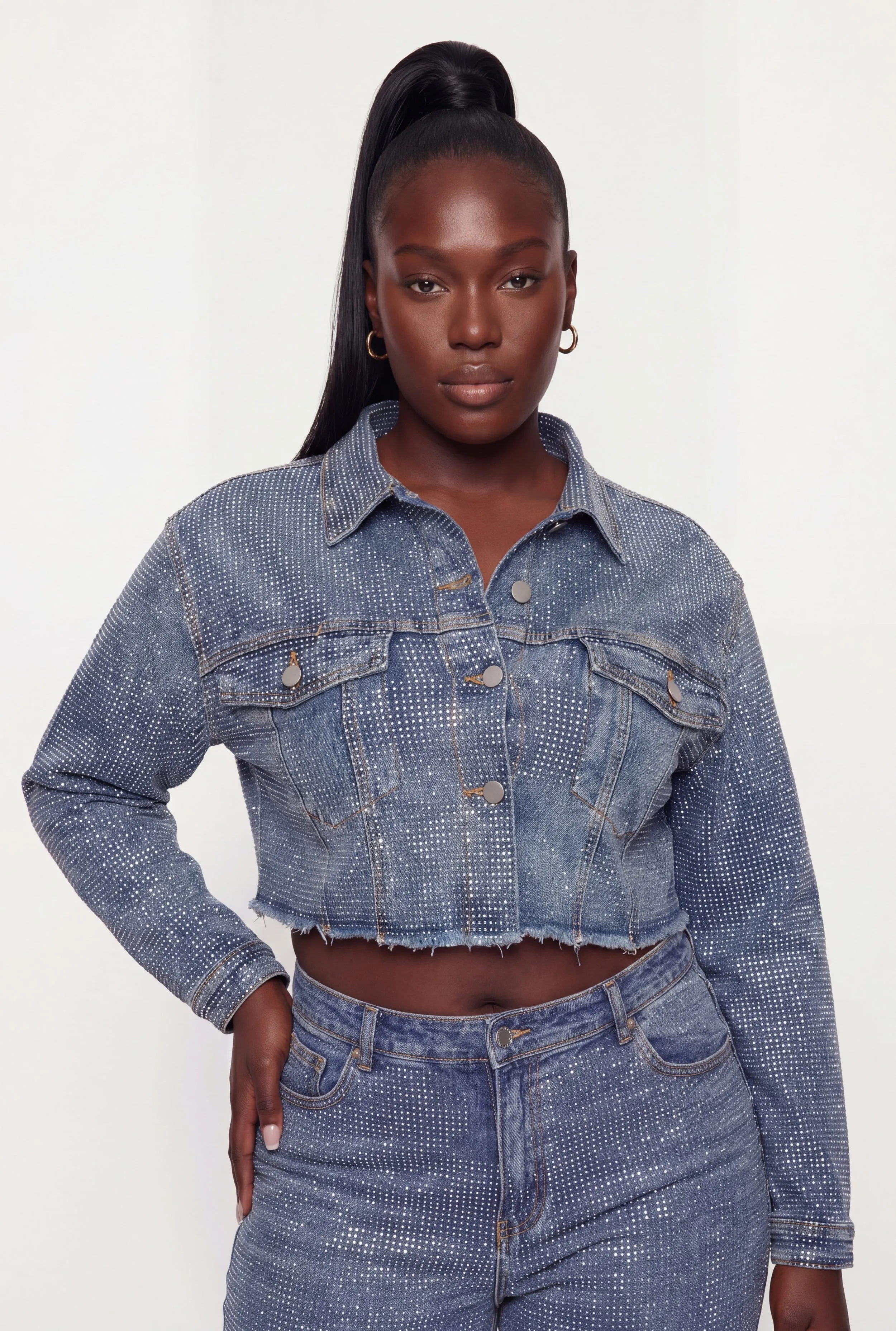 Plus Size Rhinestone Cropped Denim Jacket sold by Rainbow product image thumbnail 2