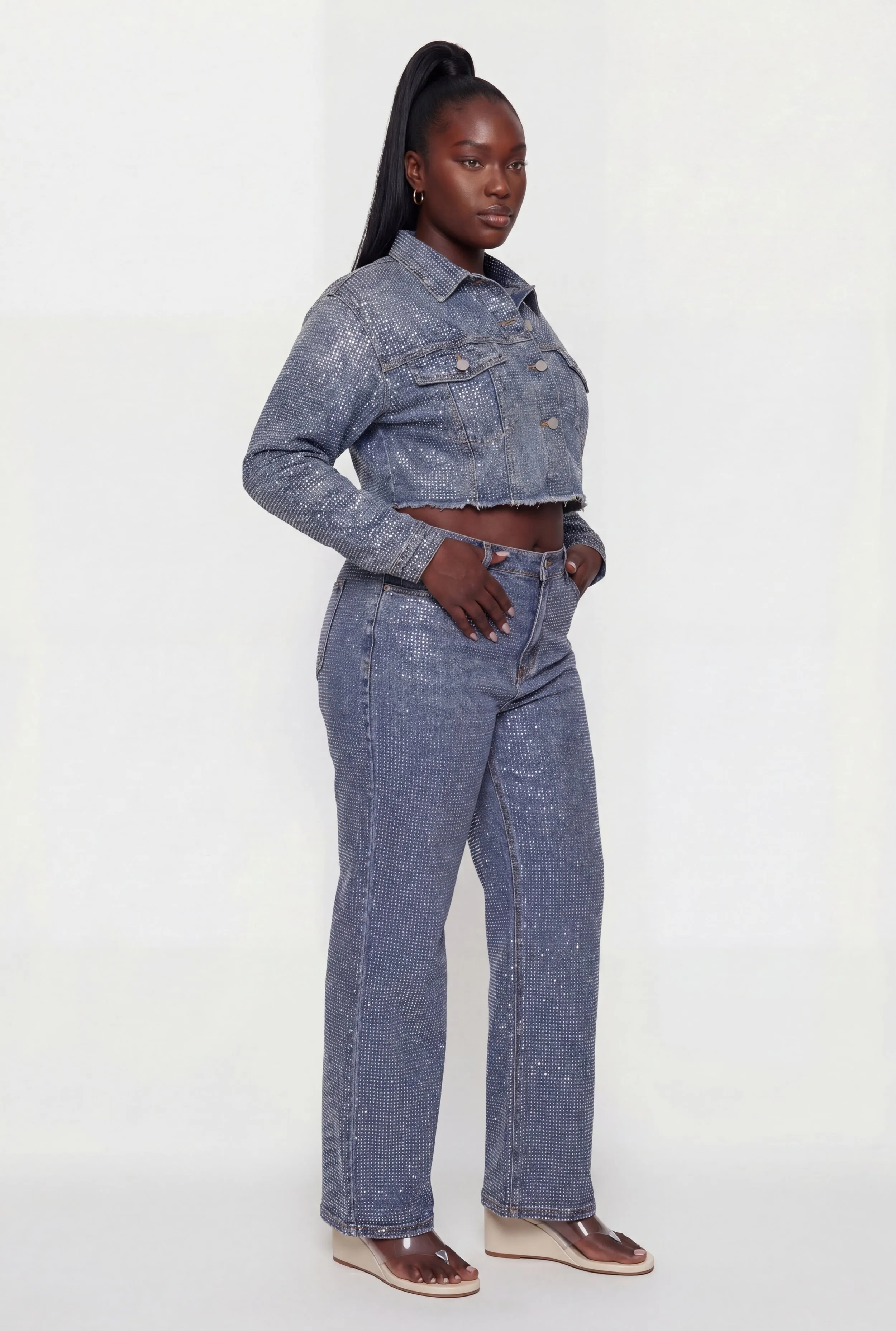 Plus Size Rhinestone Cropped Denim Jacket sold by Rainbow product image thumbnail 3