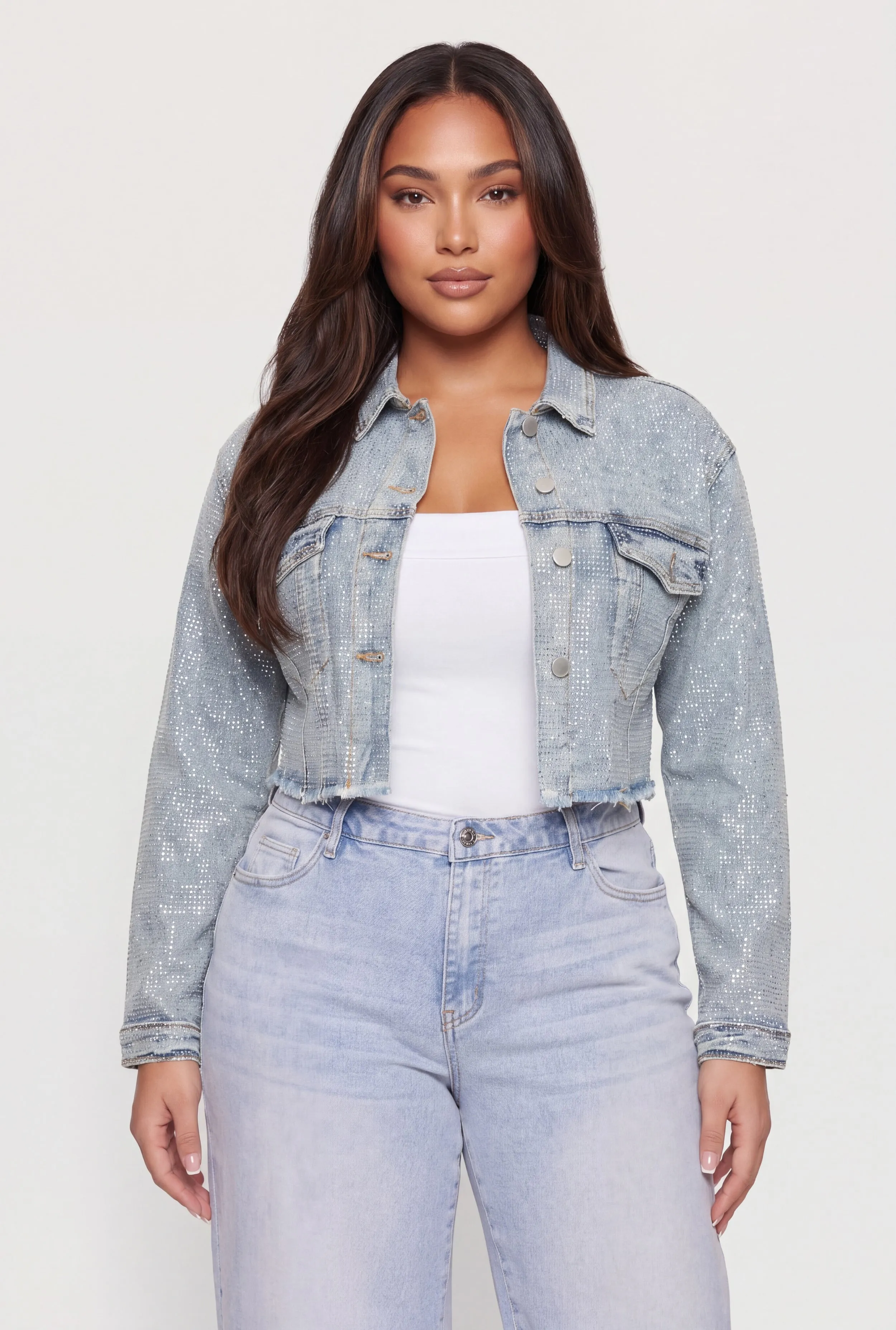 Plus Size Rhinestone Cropped Denim Jacket sold by Rainbow product image thumbnail 2