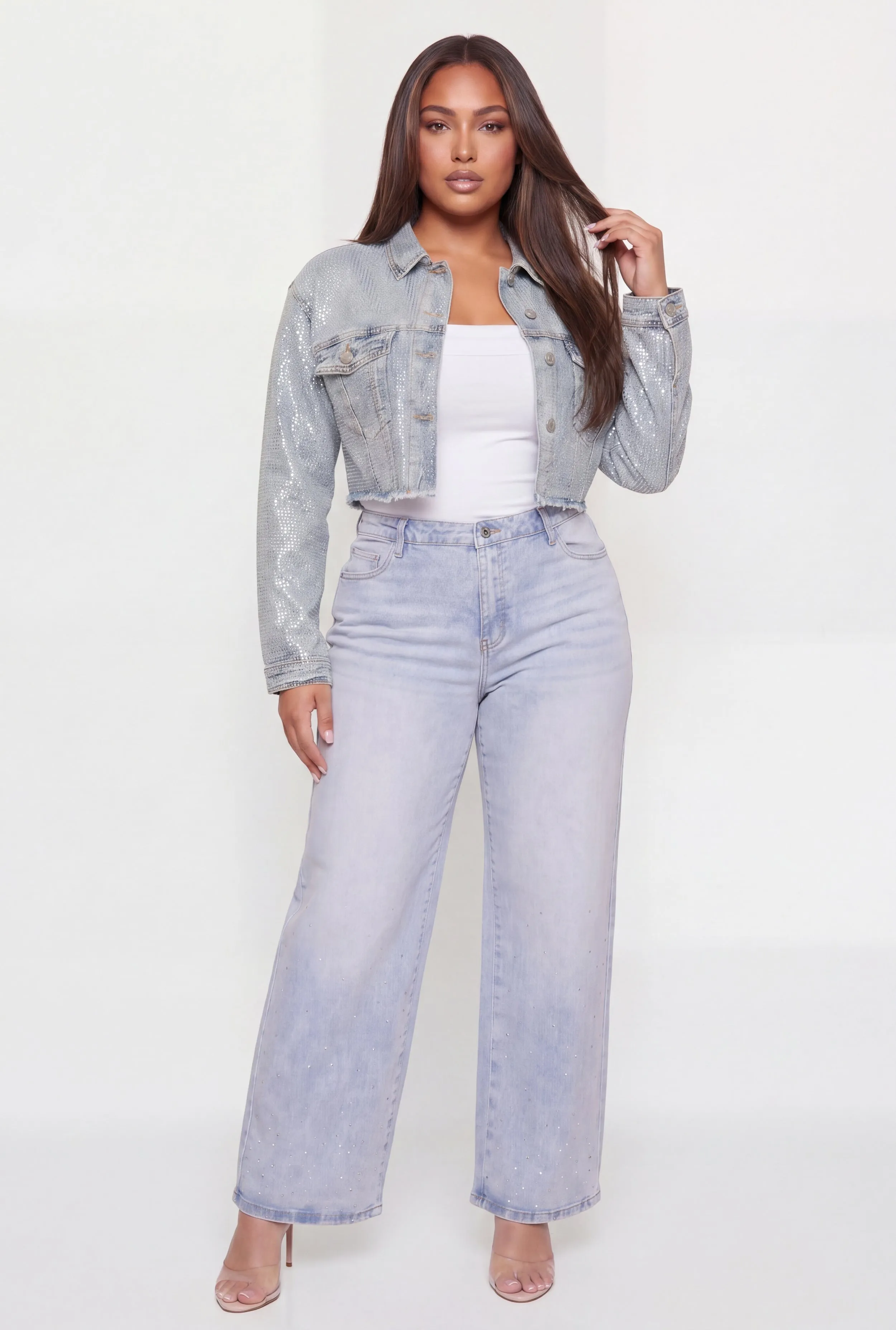 Plus Size Rhinestone Cropped Denim Jacket sold by Rainbow product image thumbnail 3