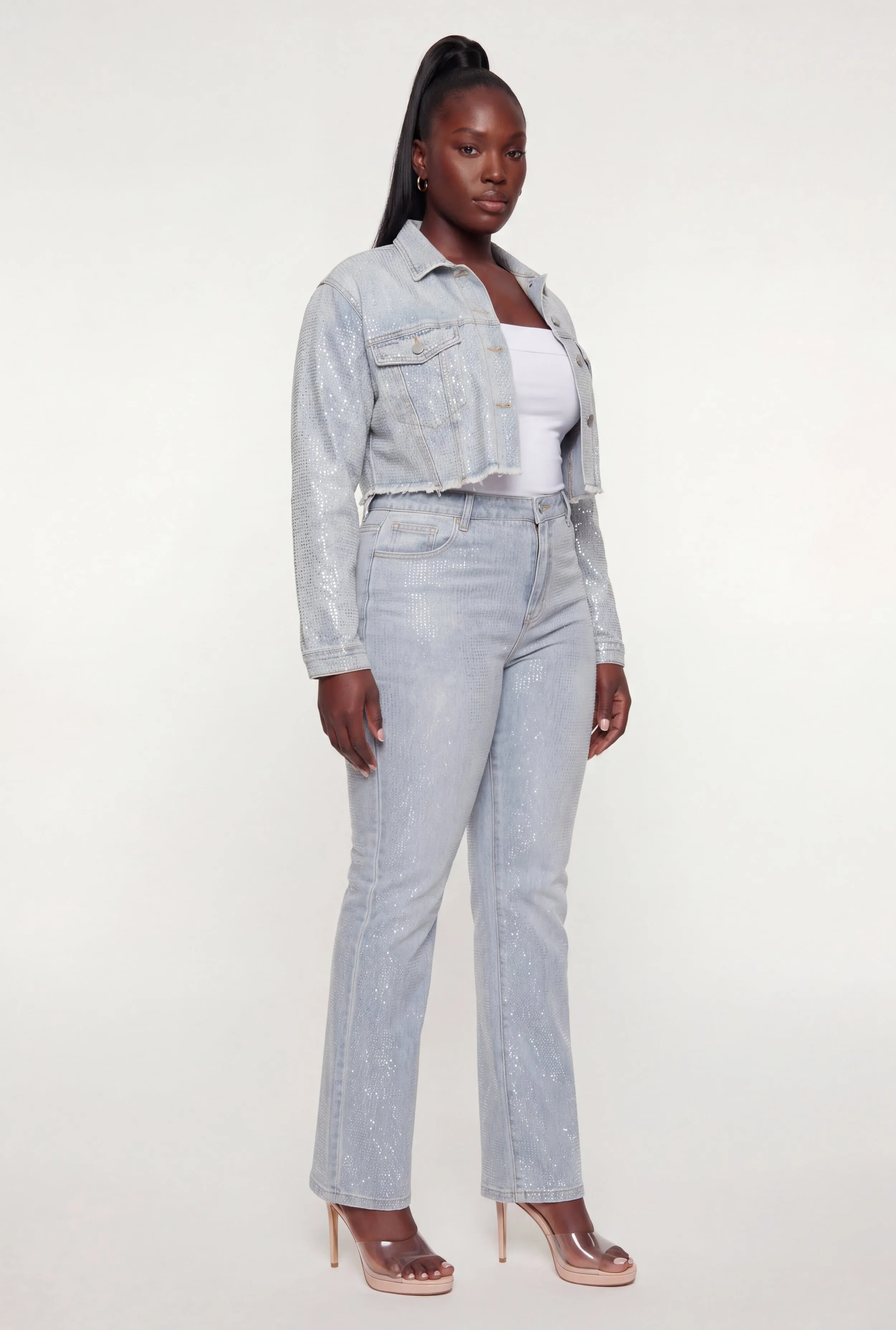 Plus Size Rhinestone Cropped Denim Jacket sold by Rainbow product image thumbnail 3