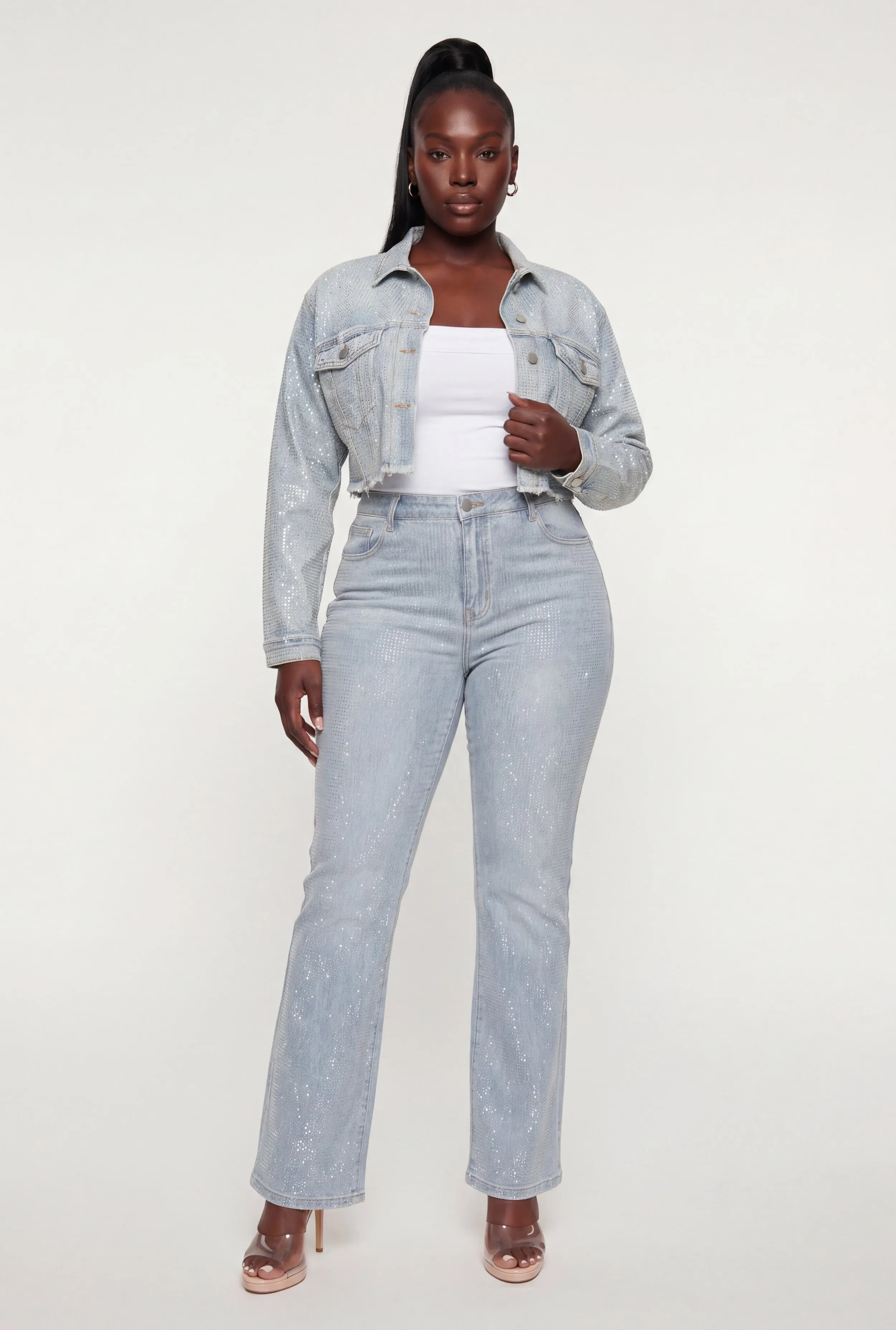 Plus Size Rhinestone Cropped Denim Jacket sold by Rainbow