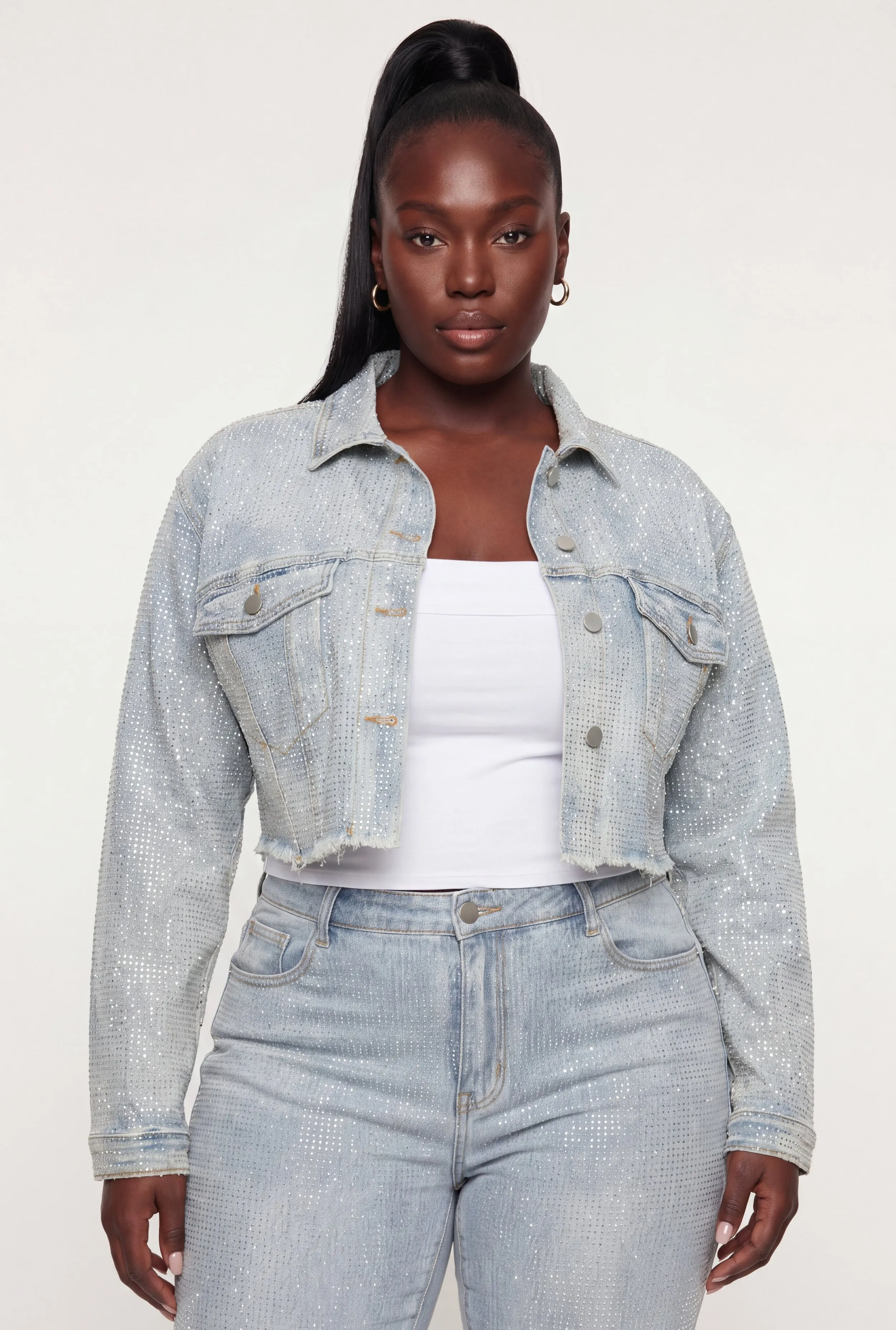 Plus Size Rhinestone Cropped Denim Jacket sold by Rainbow product image thumbnail 2