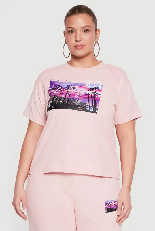 Plus Size Acid Wash Los Angeles Graphic Crew Neck T-Shirt made by Rainbow