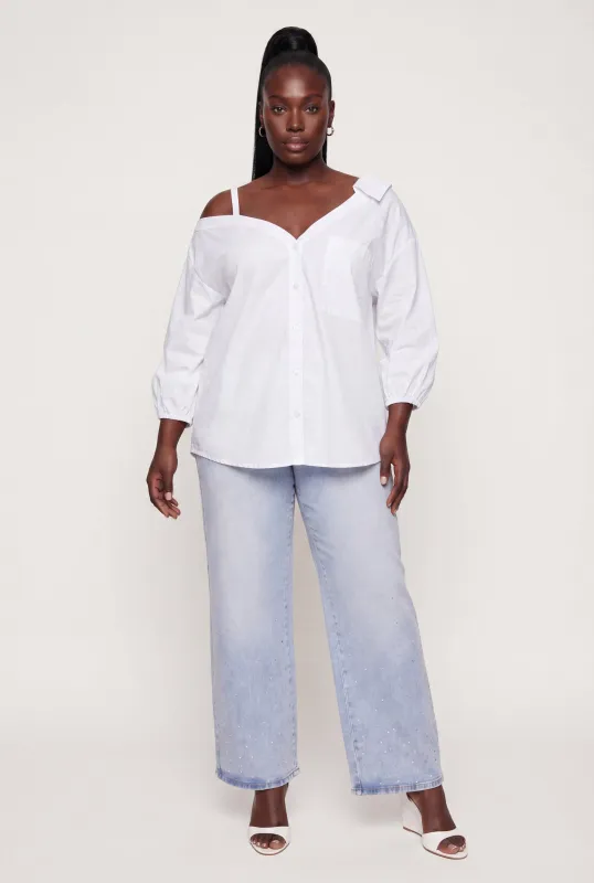 Plus Size Cold Shoulder Detail Button Front Shirt made by Rainbow