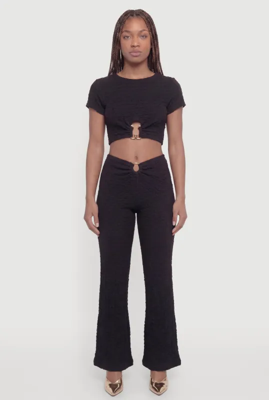 O-Ring Keyhole Textured Knit Flare Pants made by Rainbow