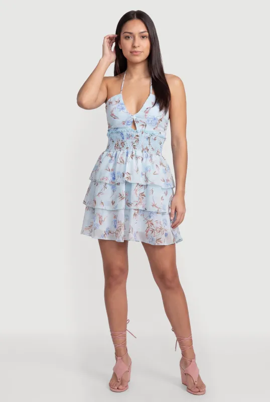 Floral Ruffle Tiered Halter Mini Dress made by Rainbow