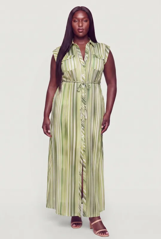 Plus Size Striped Sleeveless Shirt Dress made by Rainbow