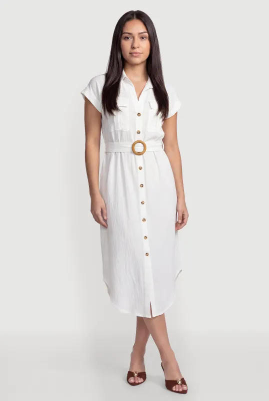 Crepe Knit Button Front Belted Shirt Dress made by Rainbow