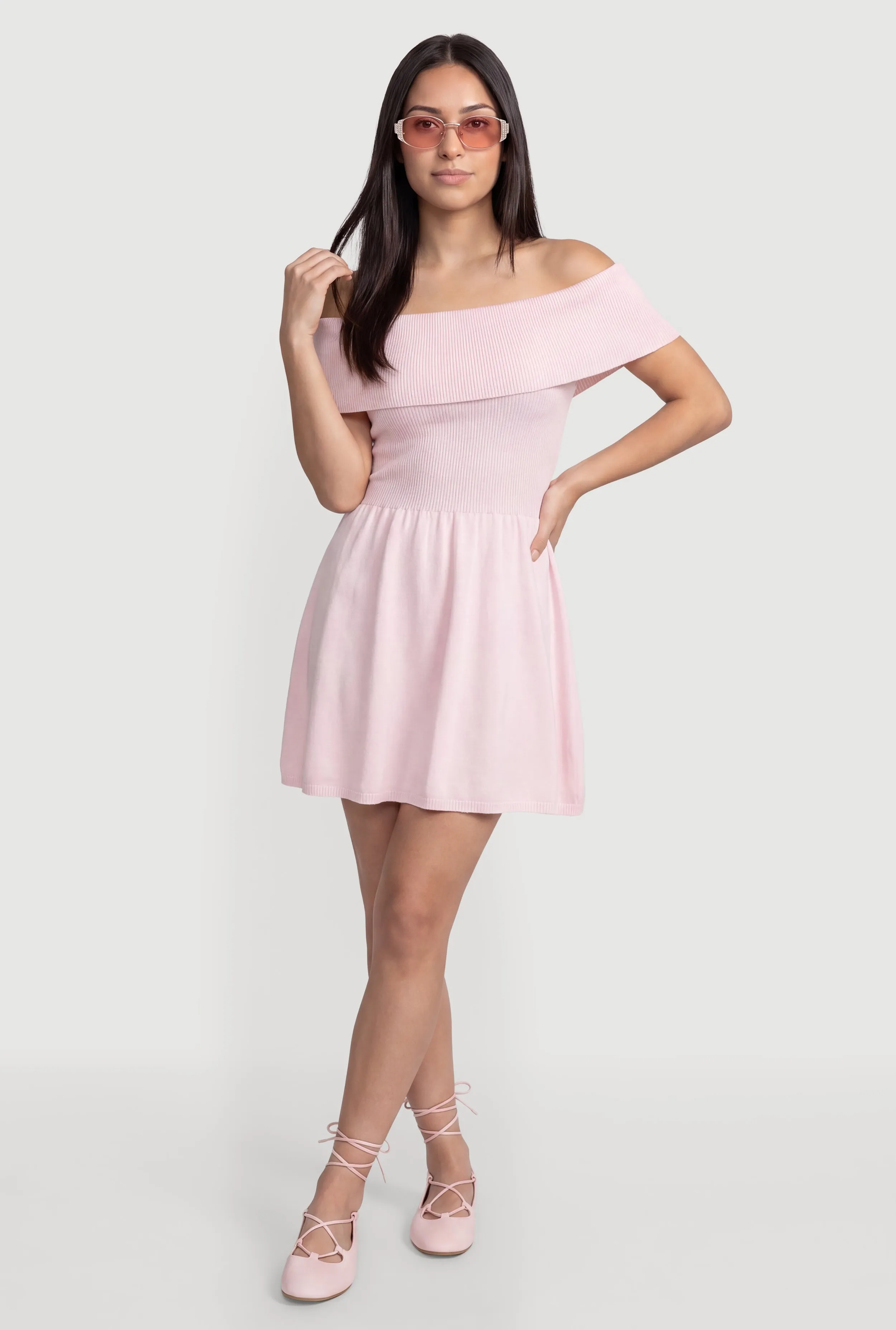 Fold Over Off The Shoulder Skater Dress sold by Rainbow