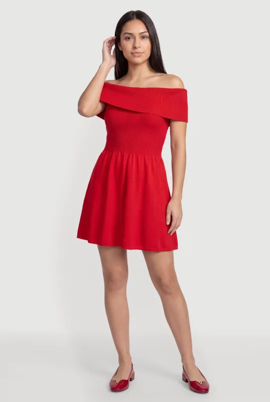 Fold Over Off The Shoulder Skater Dress made by Rainbow