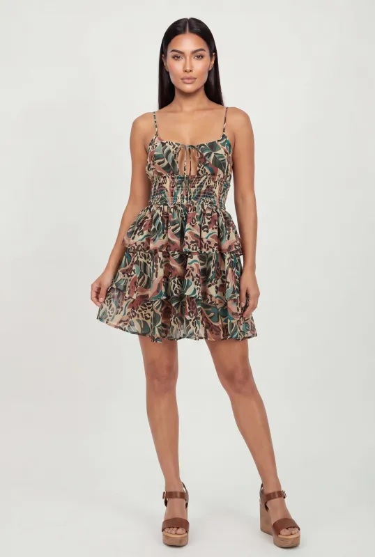 Printed Pattern Smocked Waist Ruffle Tiered Mini Dress made by Rainbow