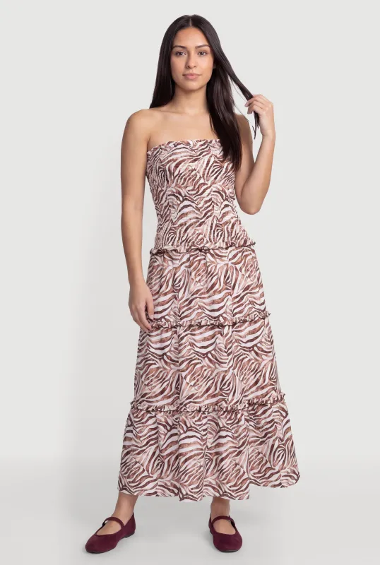 Zebra Print Strapless Smocked Tiered Maxi Dress made by Rainbow
