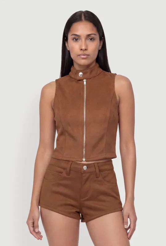 Faux Suede Zip Front Crop Top made by Almost Famous