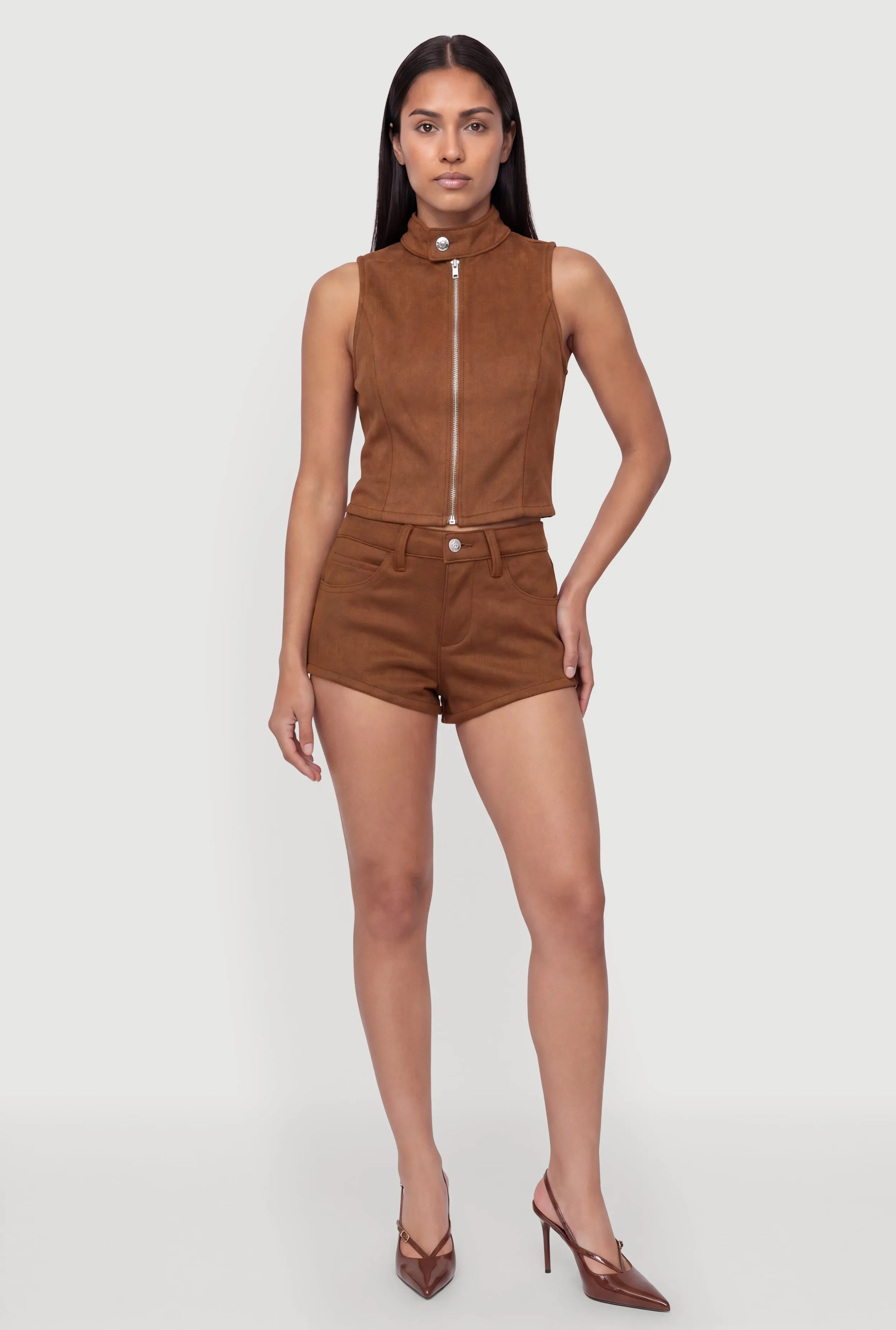 Faux Suede Mid Rise Shorts sold by Rainbow