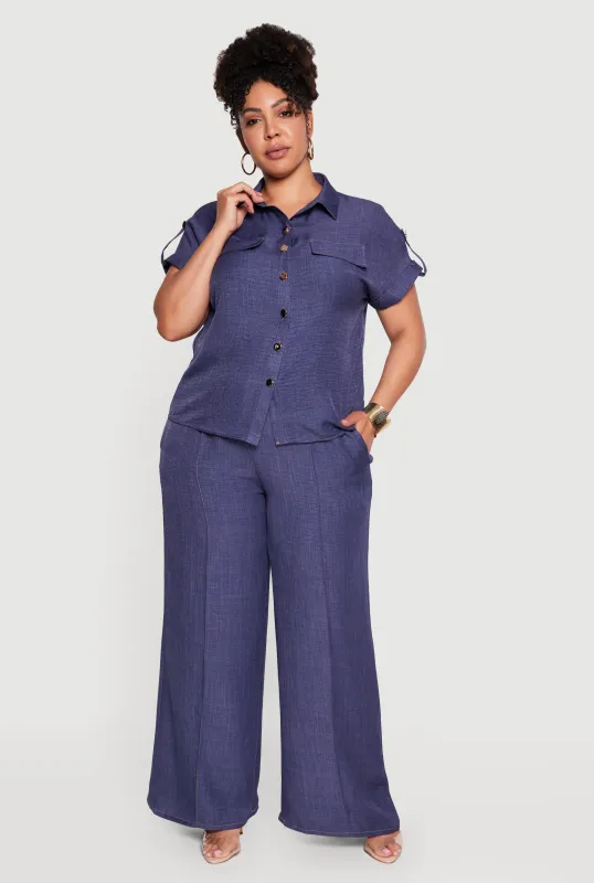 Plus Size Chambray Smocked Waist Wide Leg Pants made by Rainbow