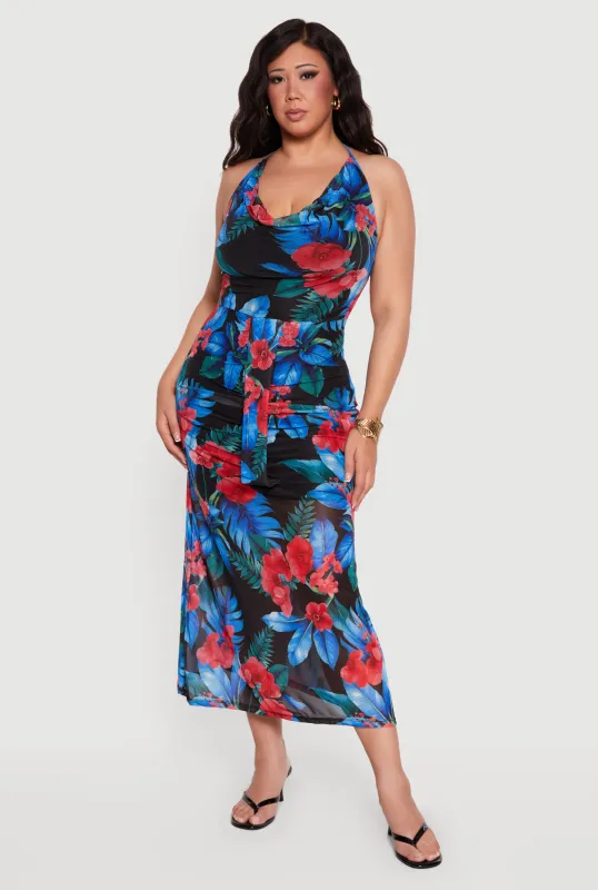 Plus Size Floral Mesh Cowl Halter Neck Midi Dress made by Rainbow