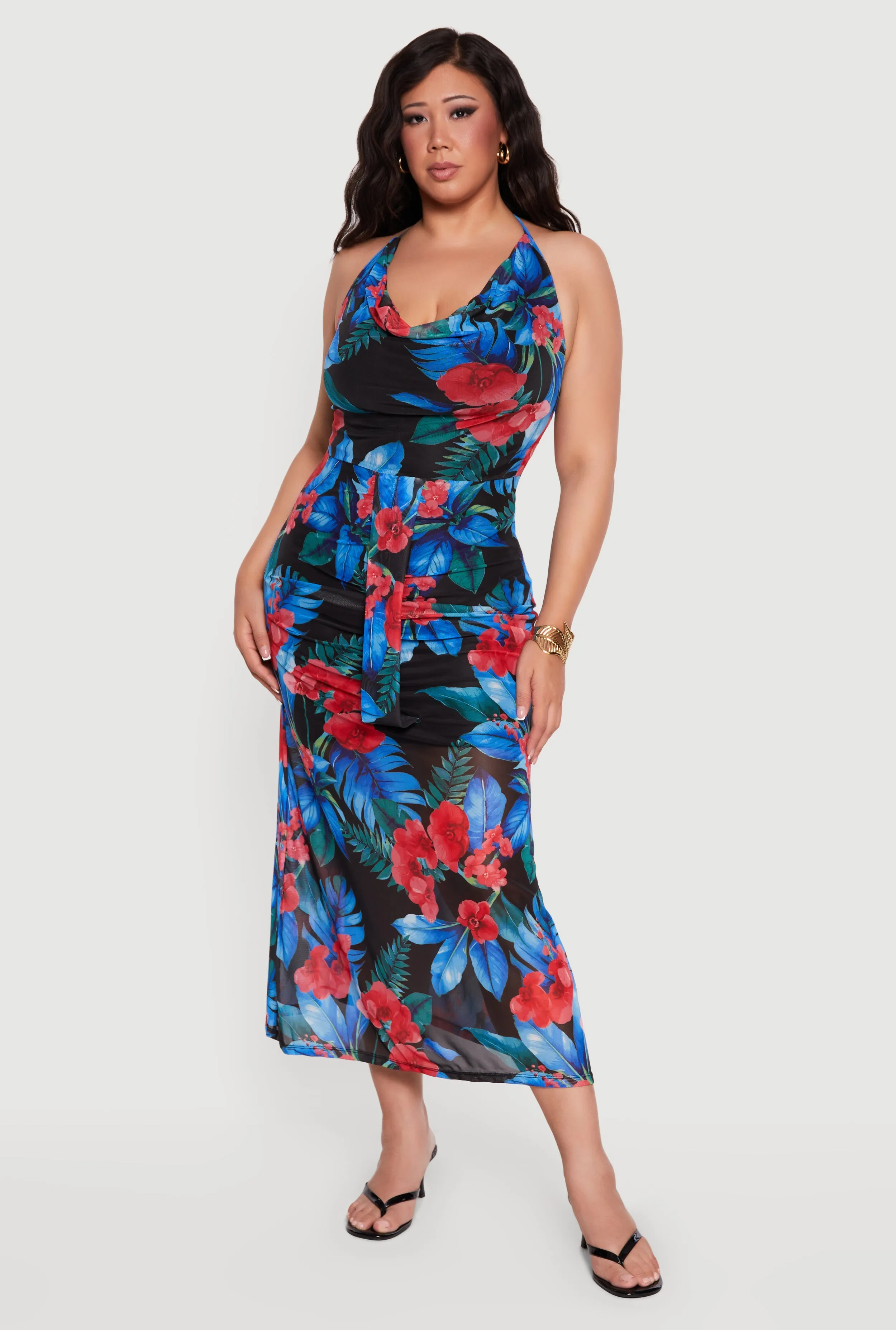 Plus Size Floral Mesh Cowl Halter Neck Midi Dress sold by Rainbow