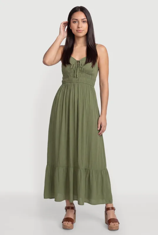 Sleeveless Smocked Waist Ruffle Trim Maxi Dress made by Rainbow