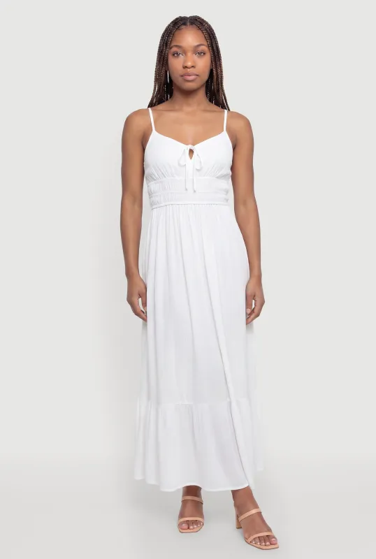 Sleeveless Smocked Waist Ruffle Trim Maxi Dress made by Rainbow