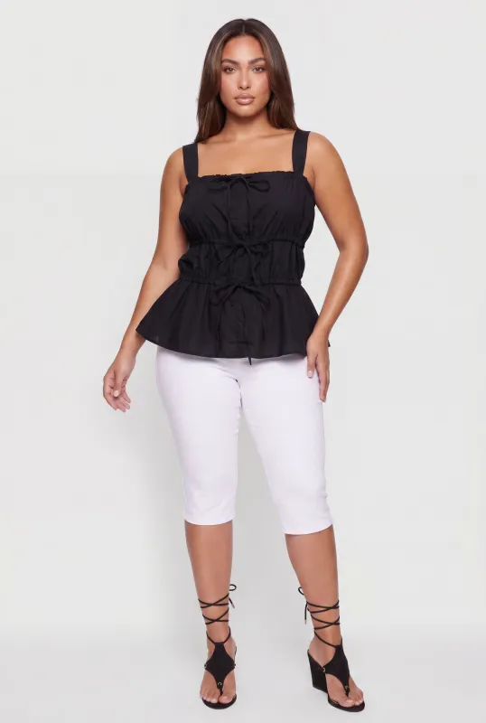 Plus Size Square Neck Drawstring Detail Sleeveless Blouse made by Rainbow