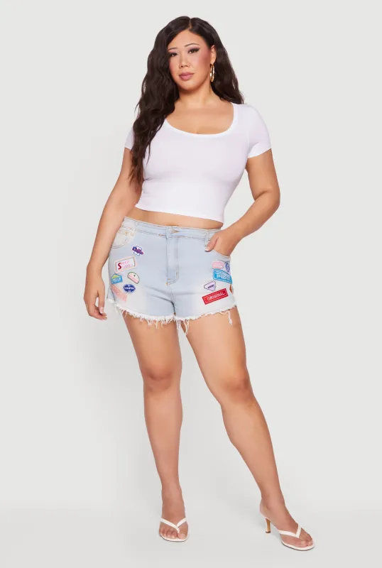 Plus Size Denim Frayed Hem Patch Graphic Shorts made by Daisy