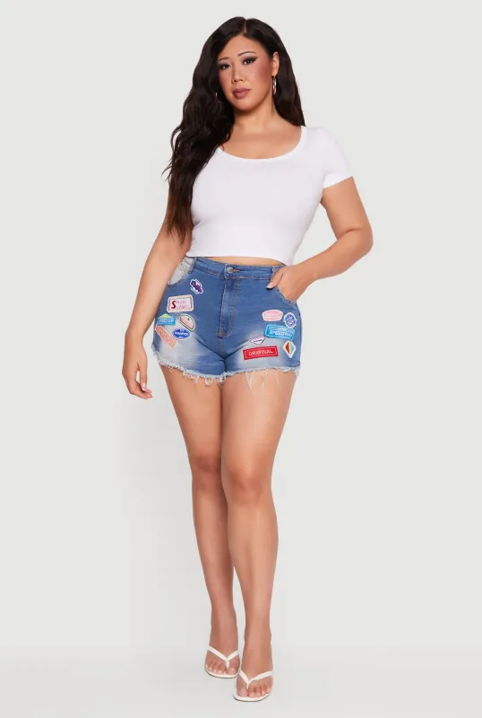 Plus Size Denim Frayed Hem Patch Graphic Shorts made by Daisy