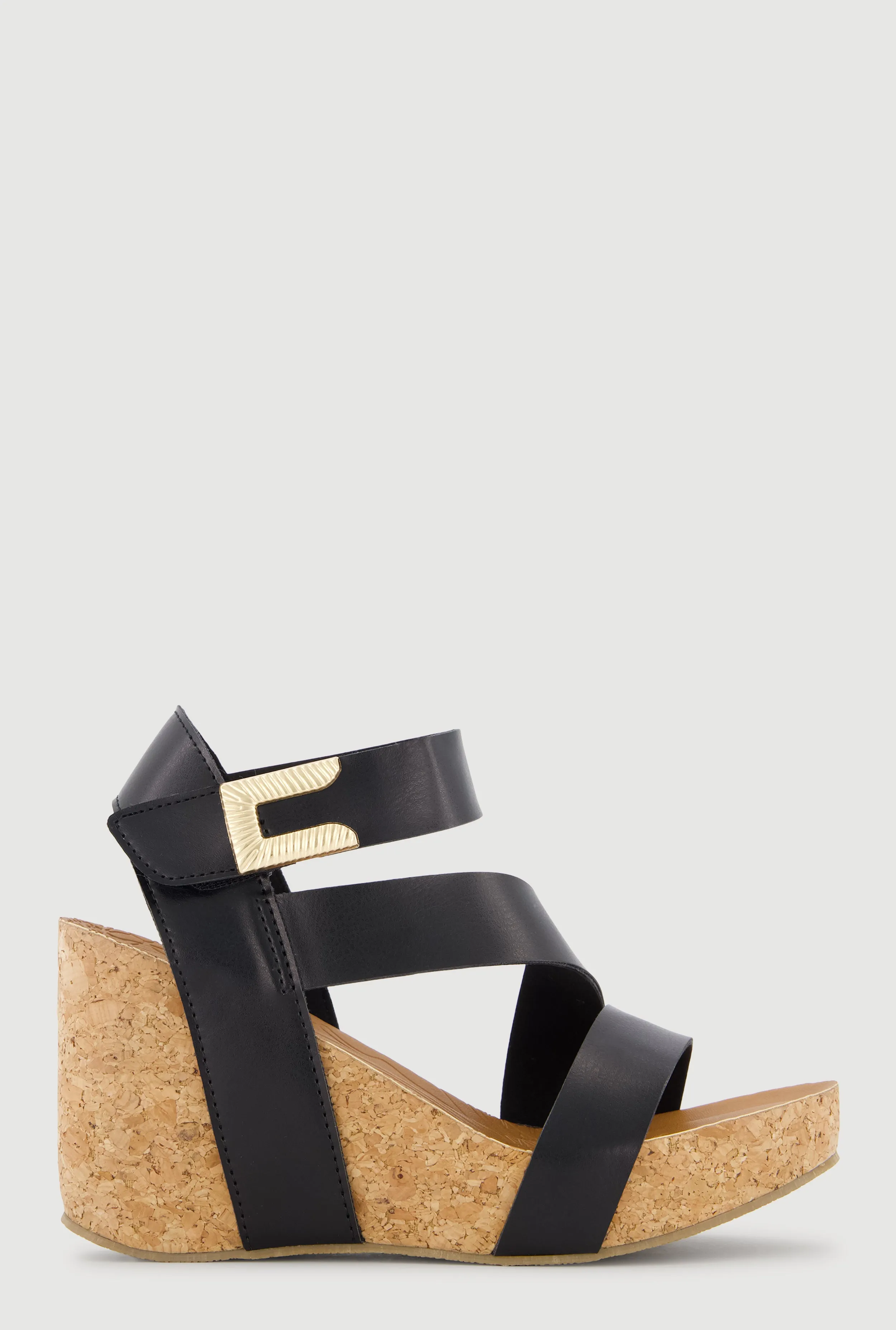 Faux Leather Metallic Buckle Detail Velcro Ankle Strap Wedges sold by Rainbow product image thumbnail 2