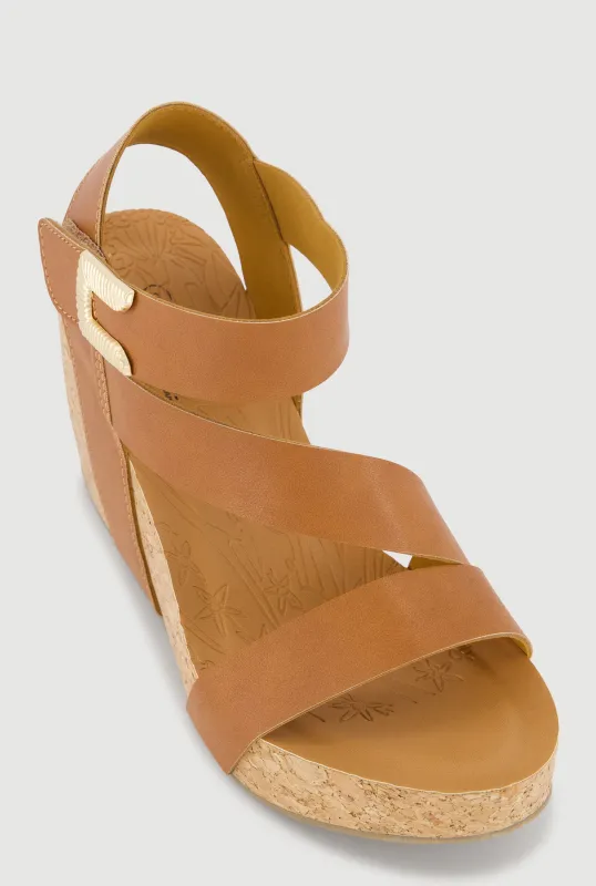 Faux Leather Metallic Buckle Detail Velcro Ankle Strap Wedges made by Rainbow