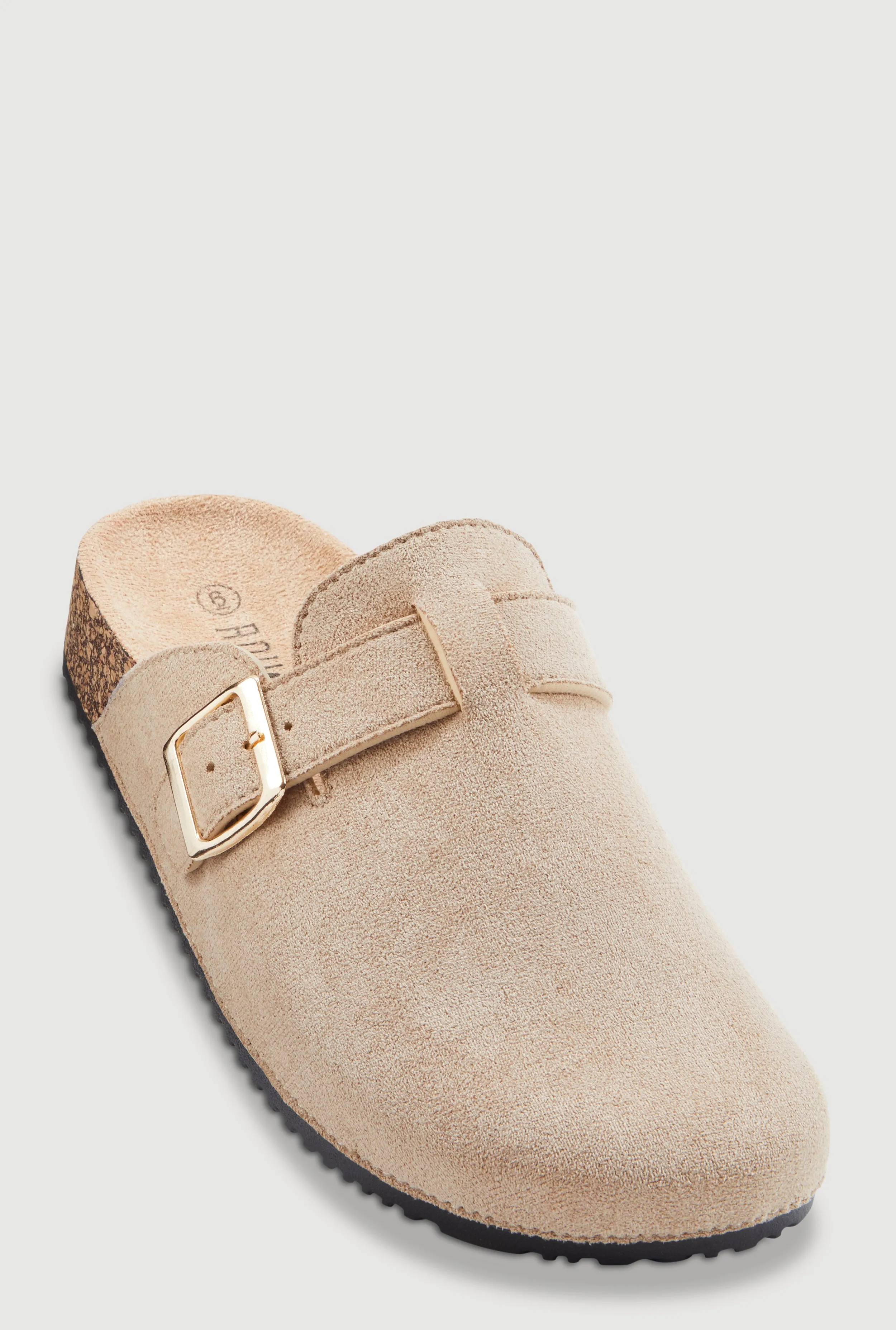 Faux Suede Buckle Detail Cork Clogs sold by Rainbow