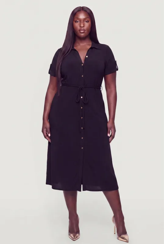Plus Size Rope Belted Short Sleeve Shirt Dress made by Rainbow