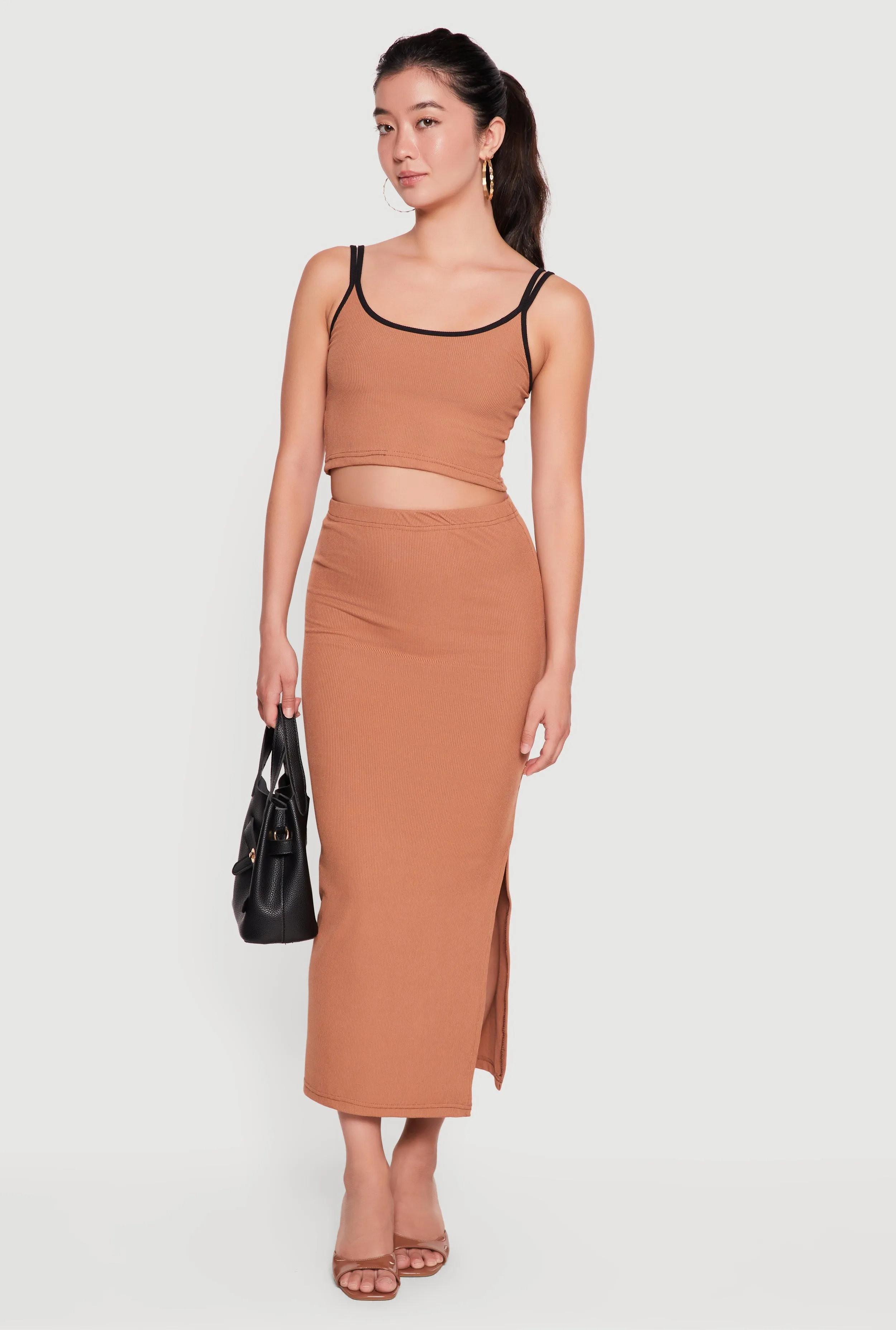 Contrast Trim Double Strap Crop Top and Side Slit Skirt sold by Rainbow