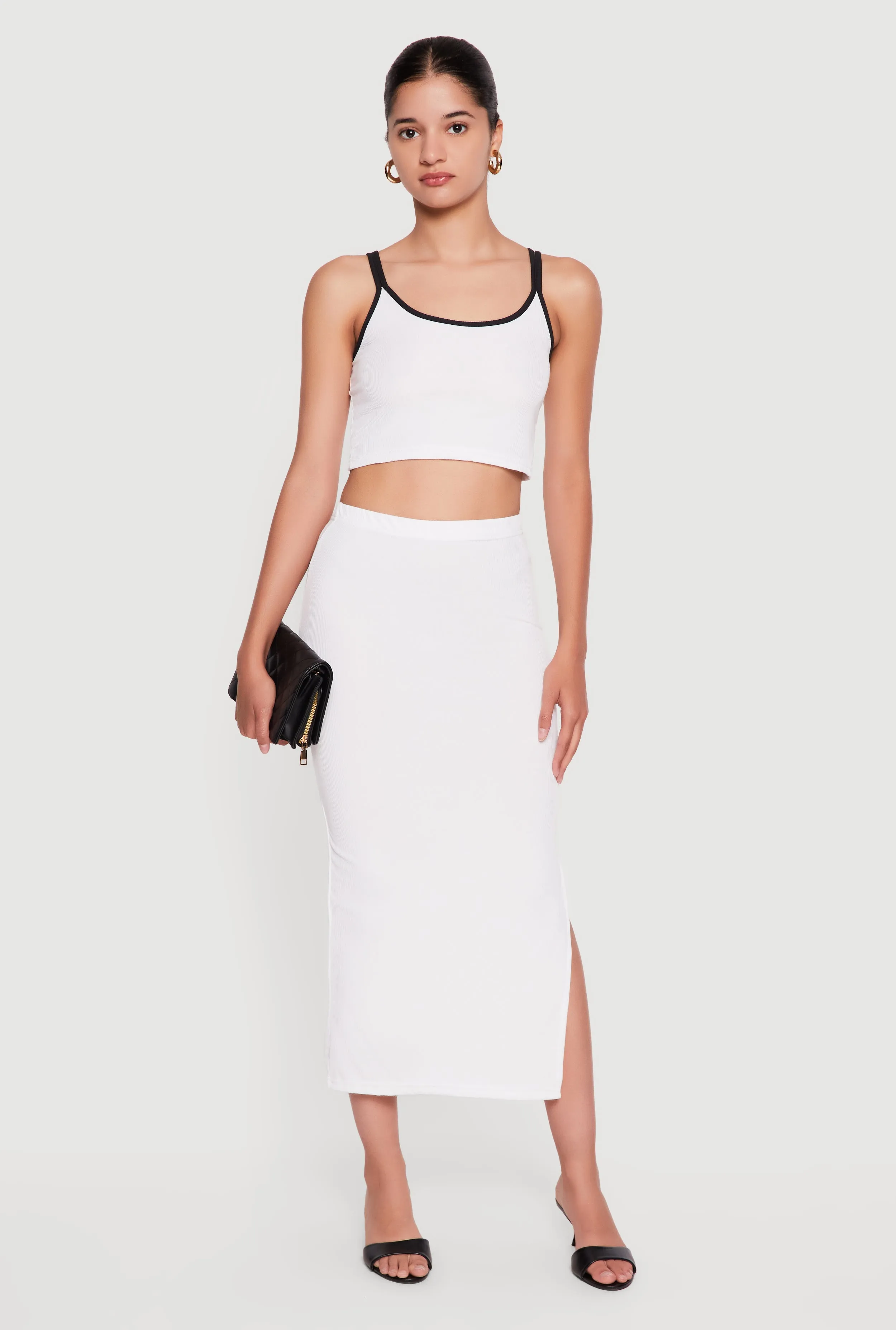 Contrast Trim Double Strap Crop Top and Side Slit Skirt sold by Rainbow