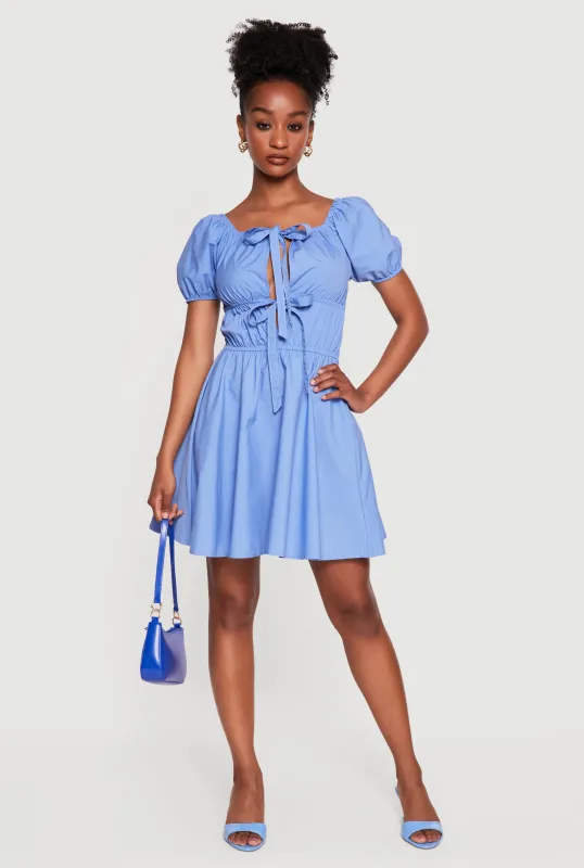 Cutout Tie Front Puff Sleeve Mini Dress made by Rainbow