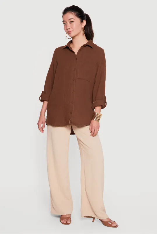Tabbed Long Sleeve Button Front Tunic Shirt made by Rainbow