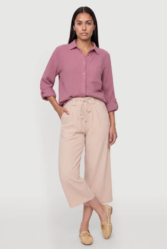 Tabbed Long Sleeve Button Front Tunic Shirt made by Rainbow
