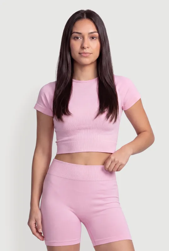 Trendy High Neck Short Sleeve Crop Top made by Rainbow