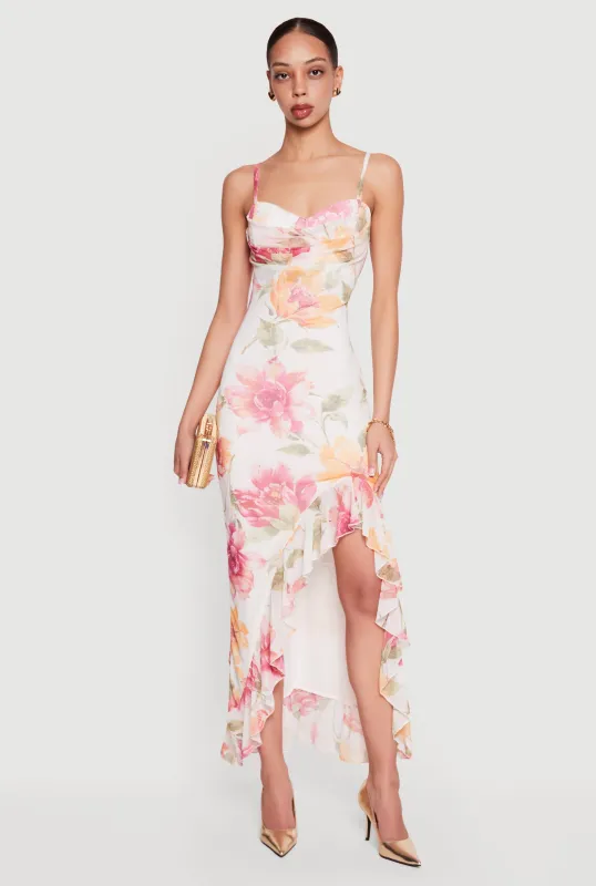 Almost Famous Floral Mesh Cowl Neck Ruffle Hem Maxi Dress made by Almost Famous
