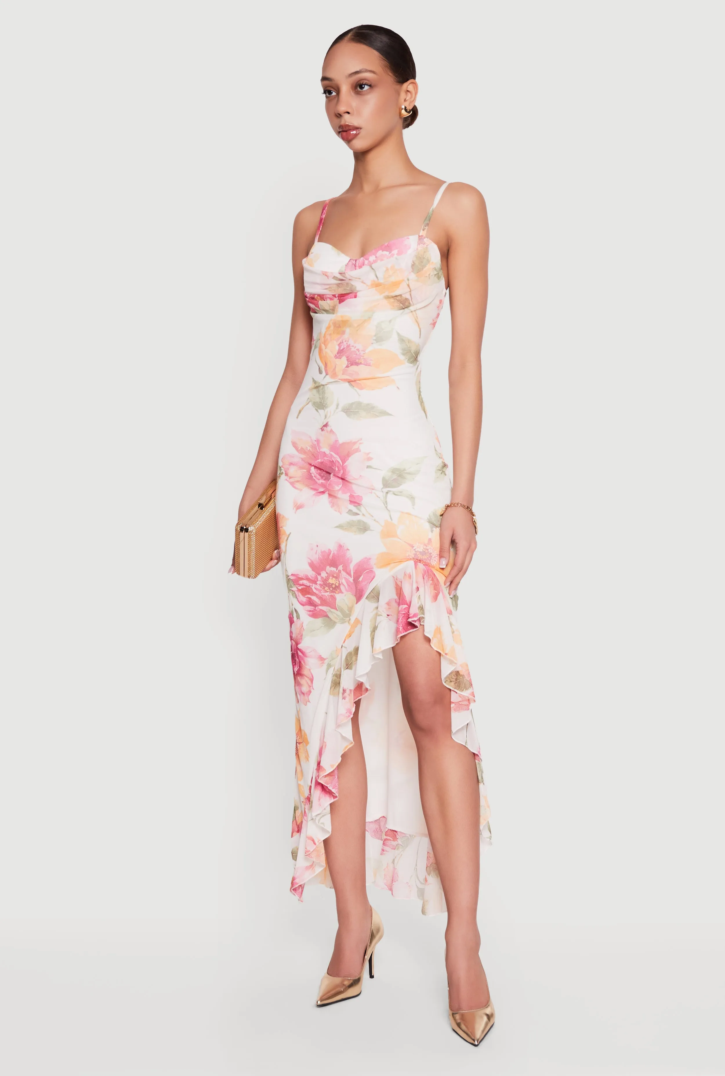 Almost Famous Floral Mesh Cowl Neck Ruffle Hem Maxi Dress sold by Rainbow product image thumbnail 2