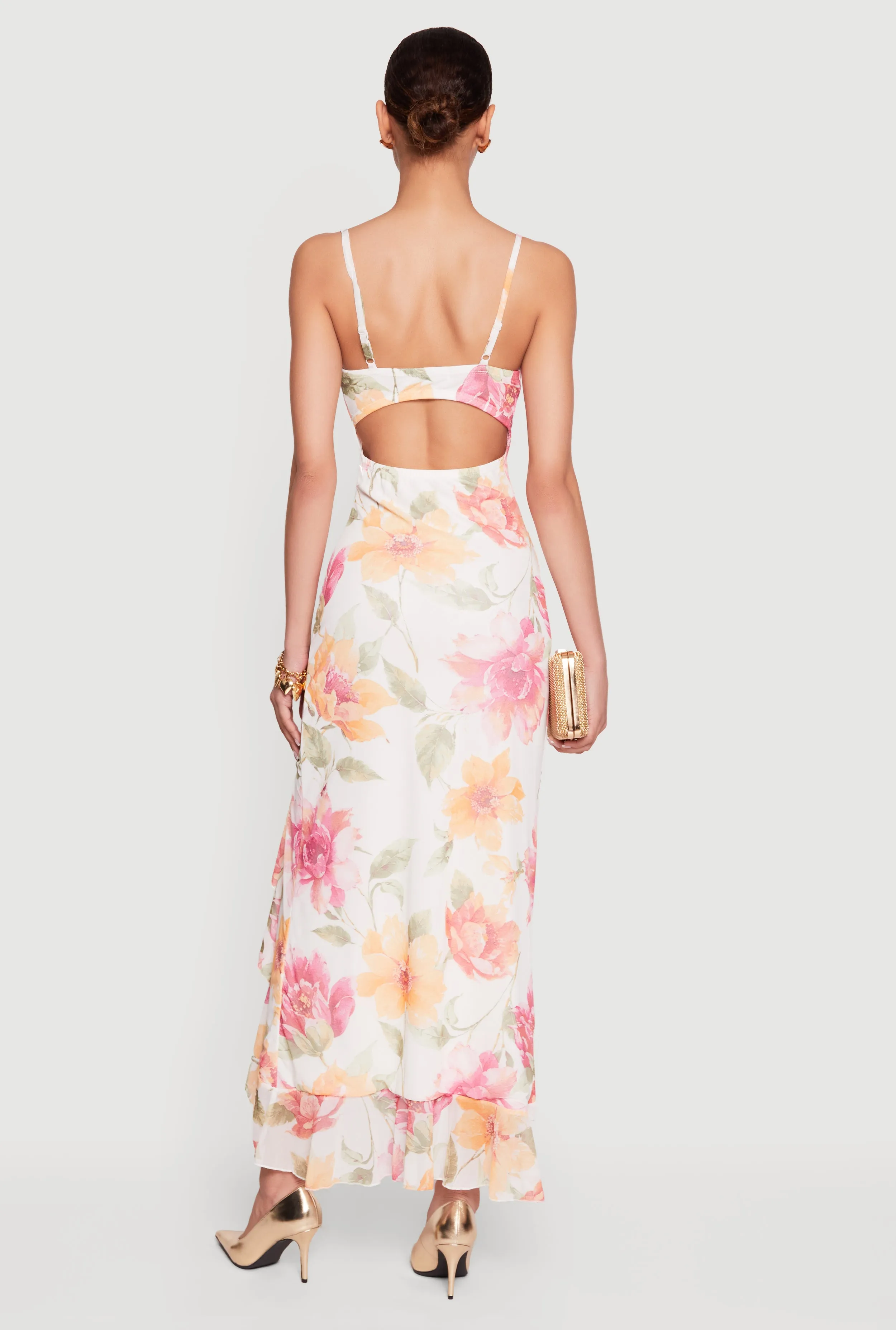 Almost Famous Floral Mesh Cowl Neck Ruffle Hem Maxi Dress sold by Rainbow product image thumbnail 3